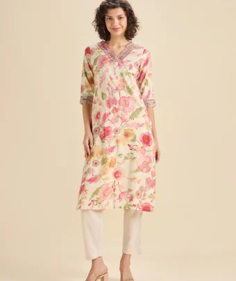 Ivory Modal Chanderi Printed Slitted Kurti With Sequins Embroidery