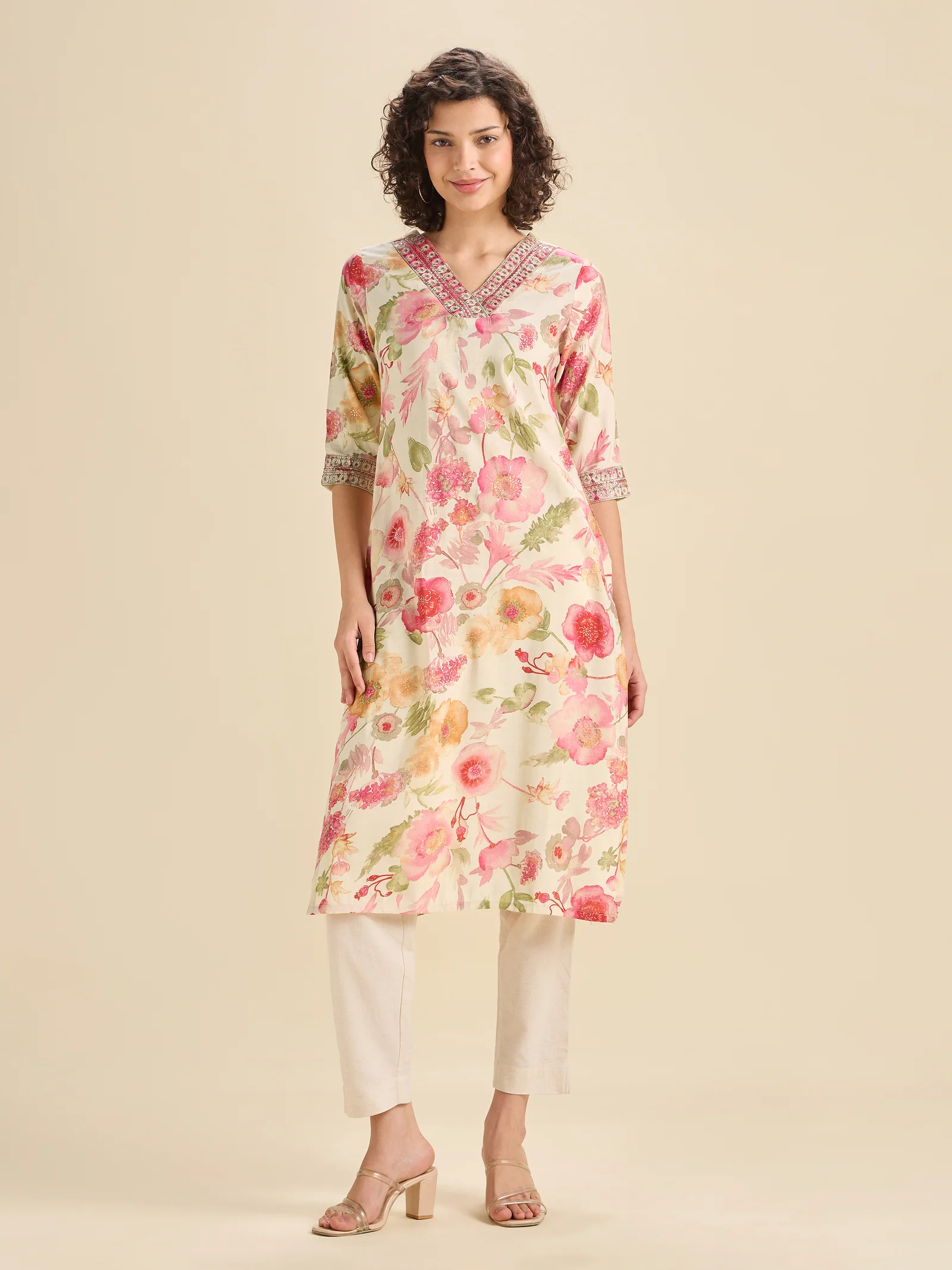 Ivory Modal Chanderi Printed Slitted Kurti With Sequins Embroidery
