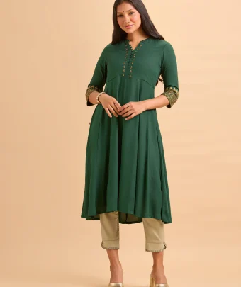 Bottle Green Viscose Kurti And Bottom With Hand Work