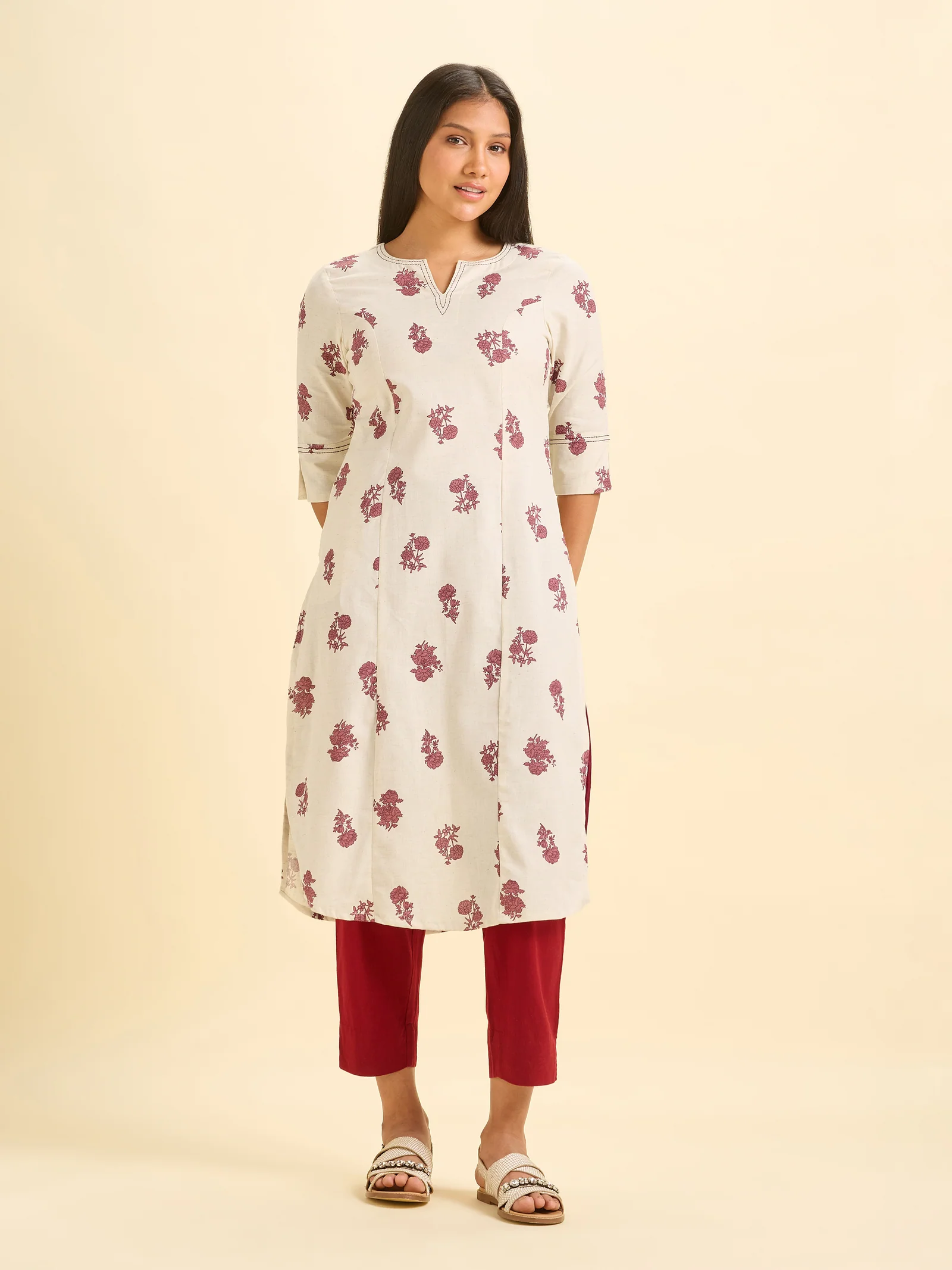 Ivory Maroon Cotton Flax Printed Slitted Kurti With Running Stitch Embroidery - Image 5
