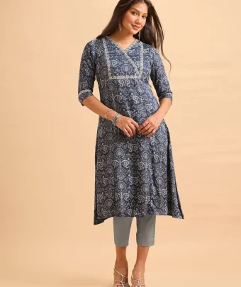 Navy Blue Modal Satin Printed Kurti Set With Embroidery