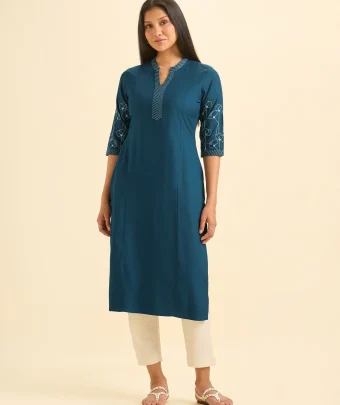 Classic Blue Viscose Plain Slitted Kurti With Embroidery