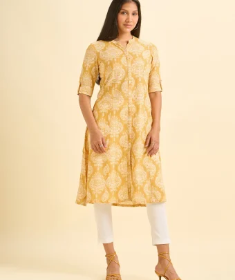 Mustard And White Cotton Slub Printed Flared Kurti With Princess Cut