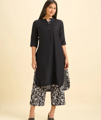 Black Viscose Blend Slit Kurti Set With High-Low Hem Line