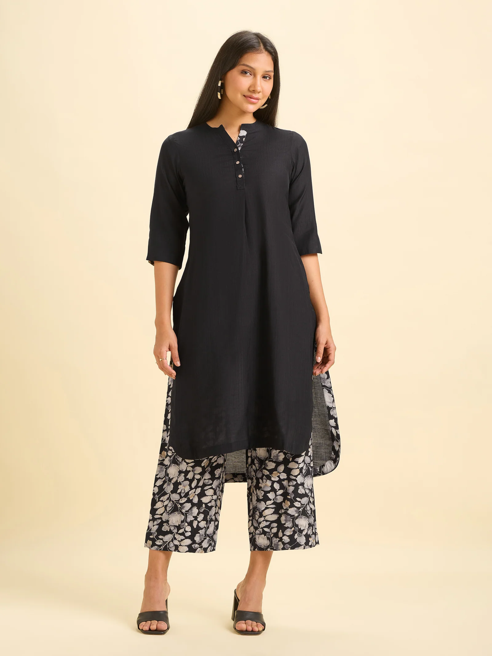 Black Viscose Blend Slit Kurti Set With High-Low Hem Line