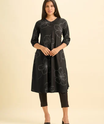 Black And White Tencel Printed Flared Kurti With Box Pleat