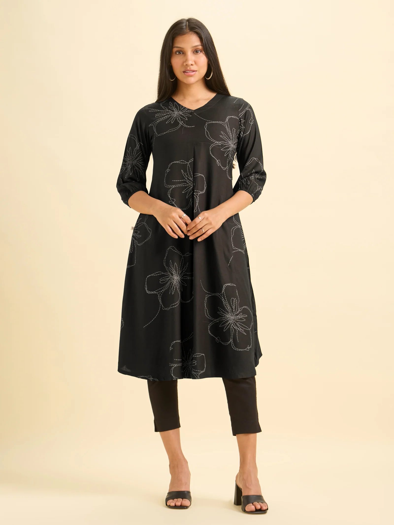 Black And White Tencel Printed Flared Kurti With Box Pleat