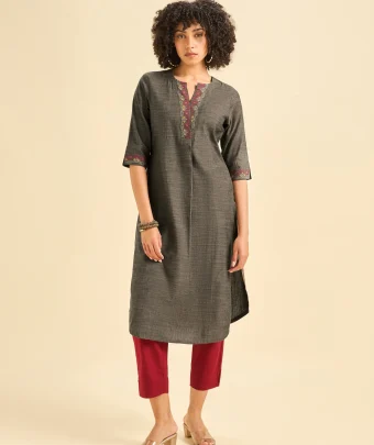 Dark Grey Cotton Viscose Kurti With Cross Stitch Embroidery