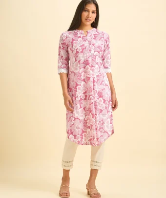 Pink Cotton Printed Kurti With Lace And Running Stitch Embroidery