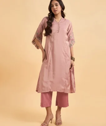 Blush Pink Viscose Shimmer Plain Kurti Set With Sequins Embroidery