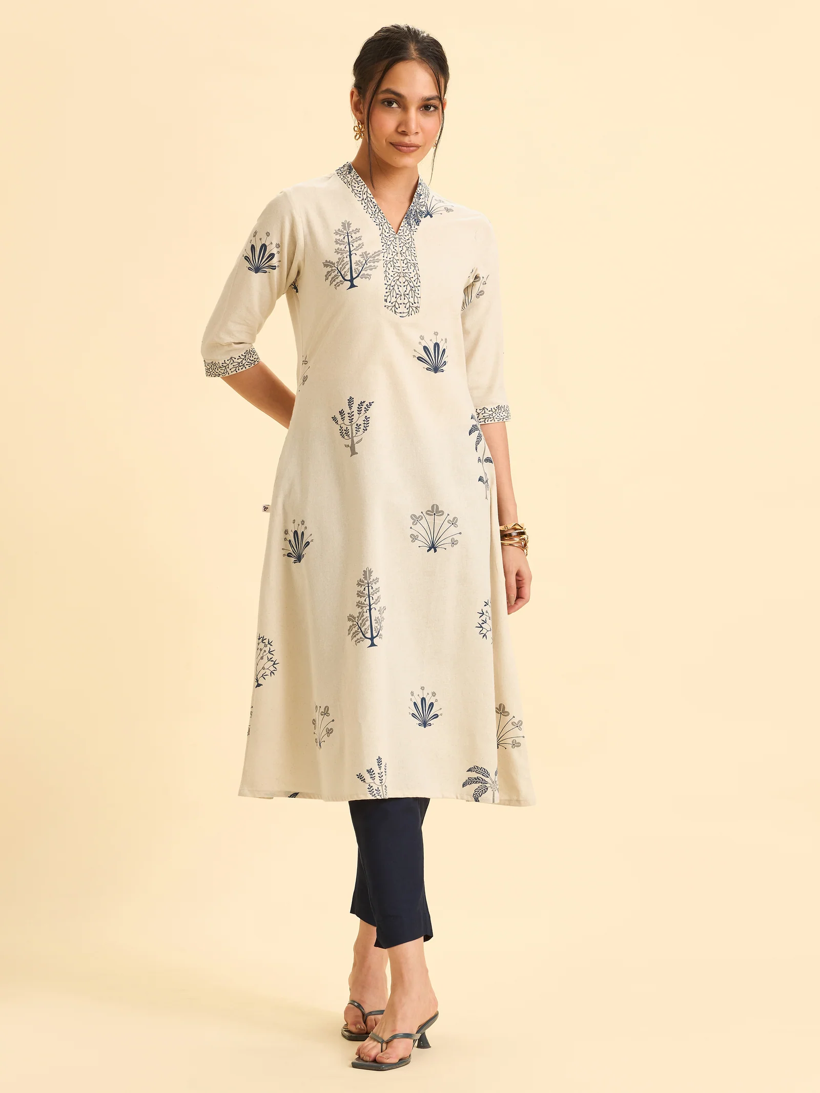 Ivory Cotton Flax Printed Flared Kurti With Embroidery - Image 2
