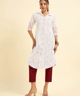 White Cotton Flax Slub Printed Slitted Kurti With Embroidery