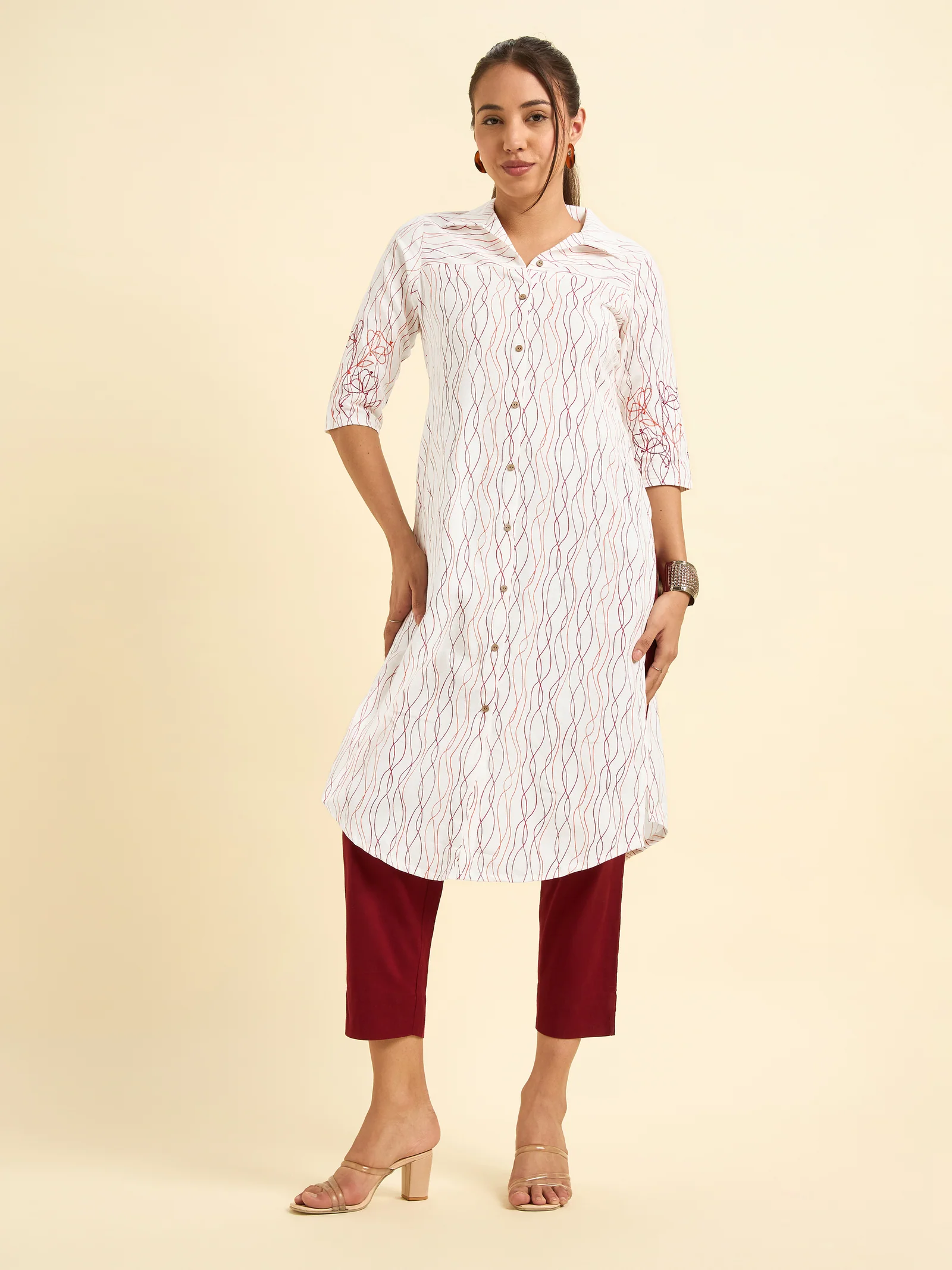 White Cotton Flax Slub Printed Slitted Kurti With Embroidery