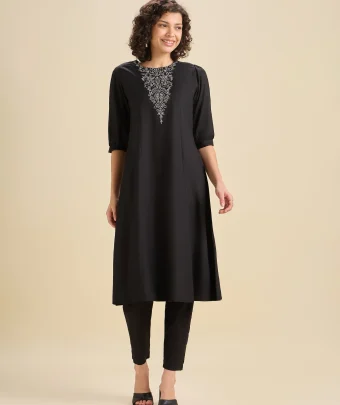 Black Viscose Plain Flared Center Panel Kurti With Embroidery