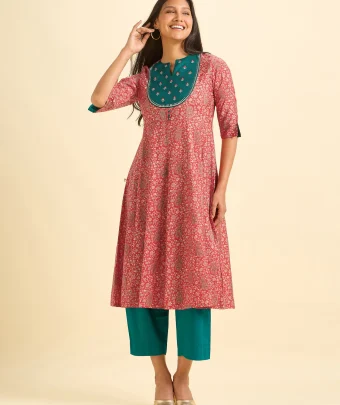 Red Modal Chanderi Kali Cut Kurti Set With Embroidery Sequins Work