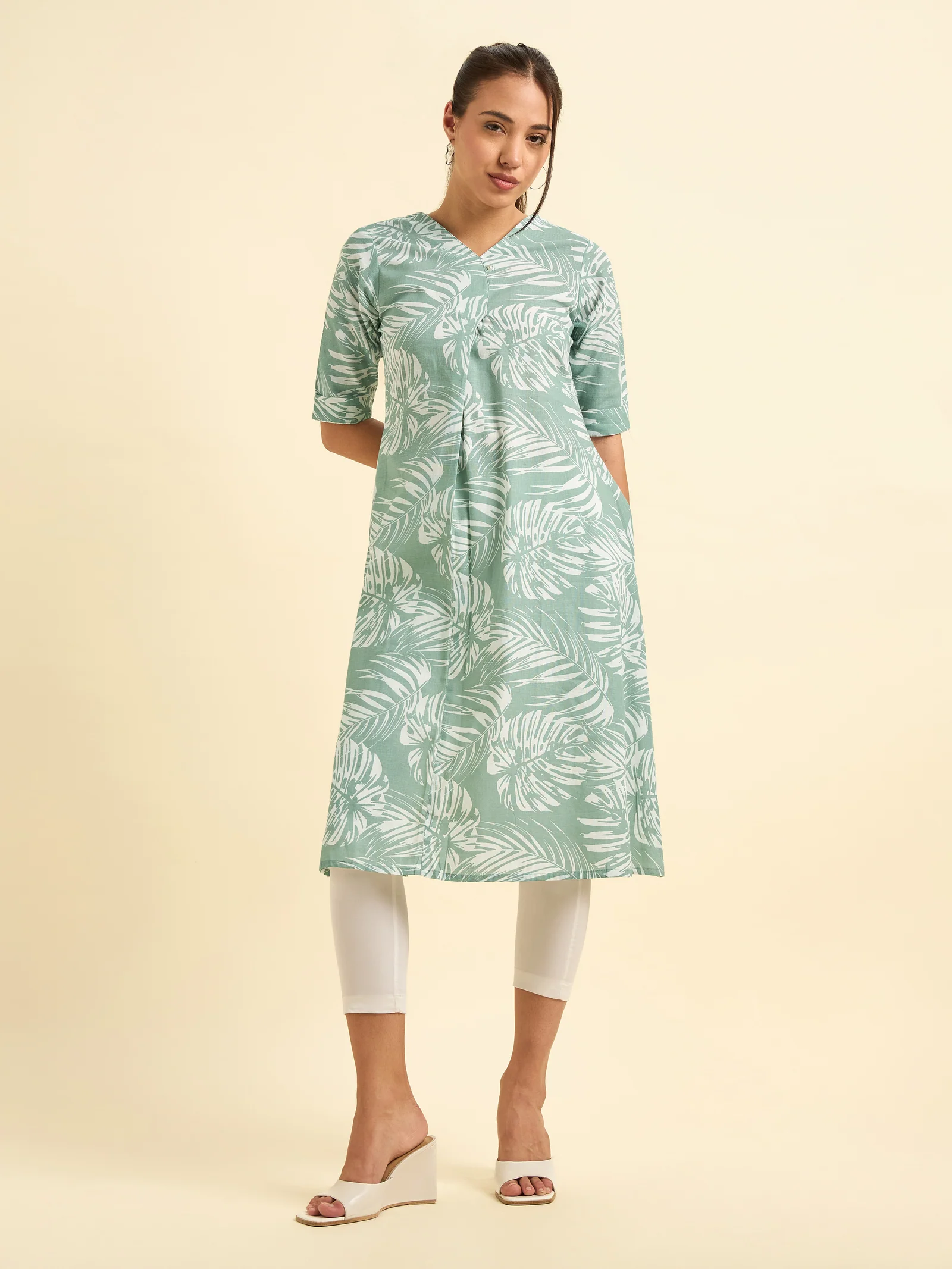 Sage Green And White Cotton Linen Printed Flared Kurti With Knife Pleat - Image 2