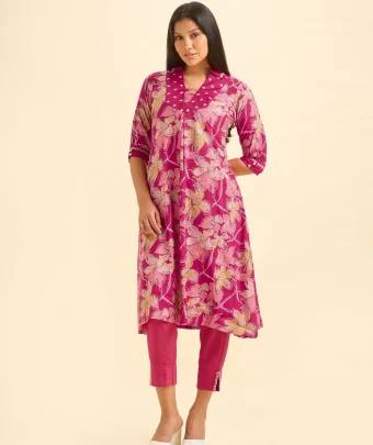 Magenta Viscose Blend Foil Printed Flared Kurta Set With Sequins Embroidery