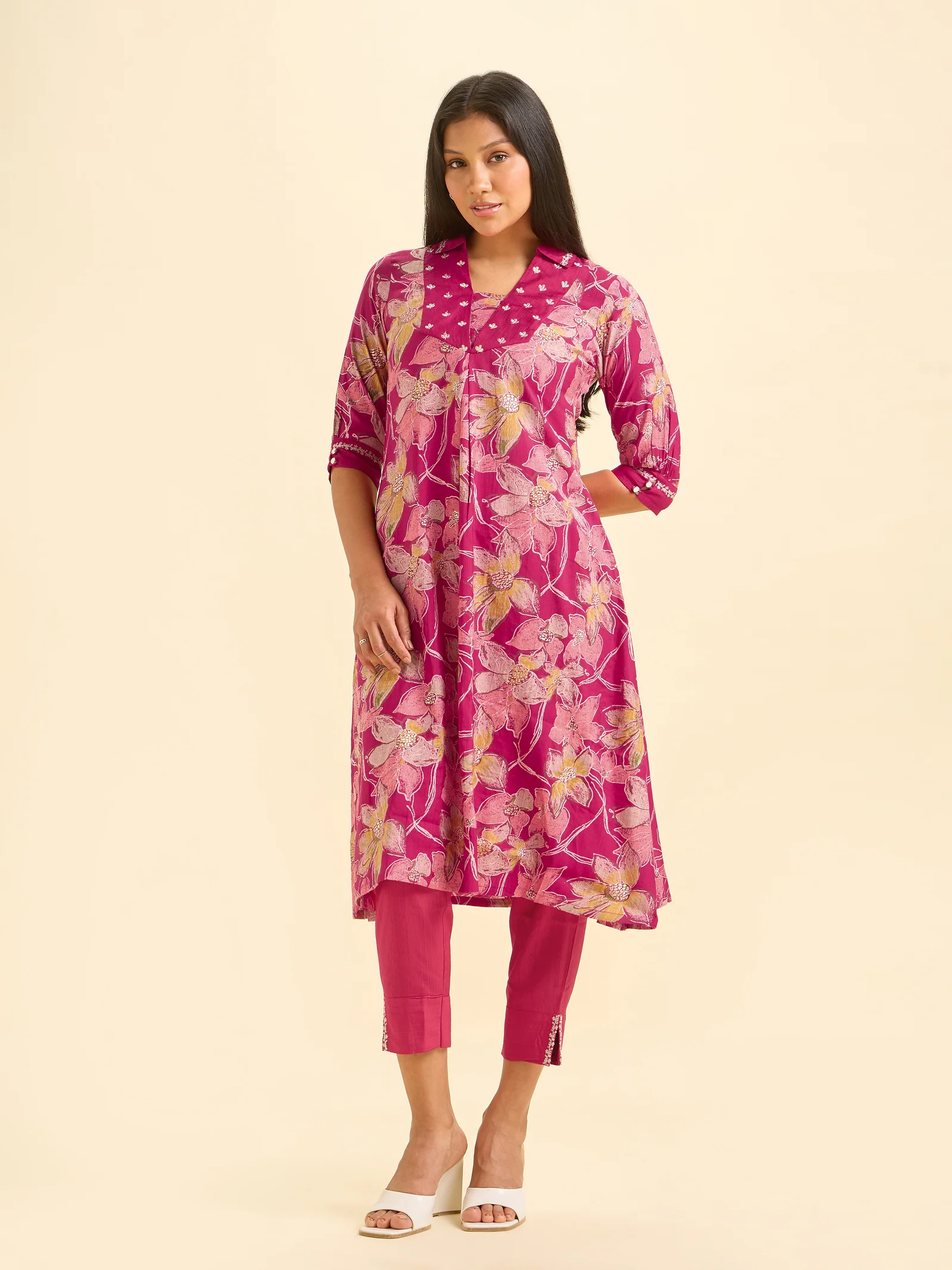 Magenta Viscose Blend Foil Printed Flared Kurta Set With Sequins Embroidery