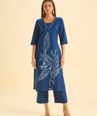 Navy Blue Cotton Flax Slitted Kurti Set With Embroidery