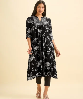 Black And Ivory Viscose Printed Flared Kurti With Smocking Embroidery