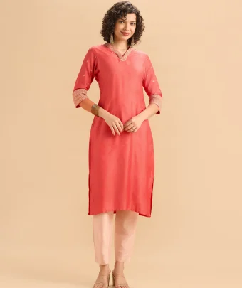 Orange Viscose Blend Plain Kurti Set With Embroidery