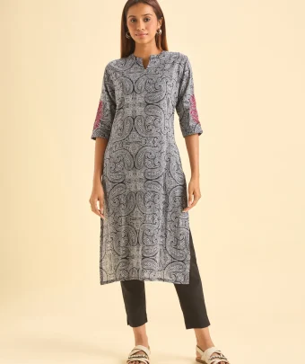 Black White Pure Cotton Printed Kurti With Embroidery