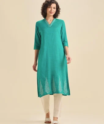 Aqua Green Cotton Viscose Kurti With Embroidery