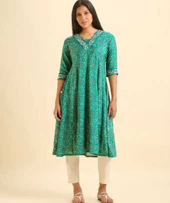 Rama Green Modal Chanderi Kali Cut Printed Kurti With Embroidery