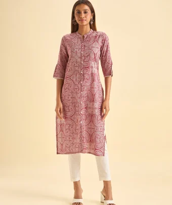 Red White Pure Cotton Printed Center Cut Kurti With Embroidery