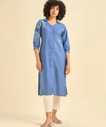 Blue Cotton Viscose Kurti With Embroidery
