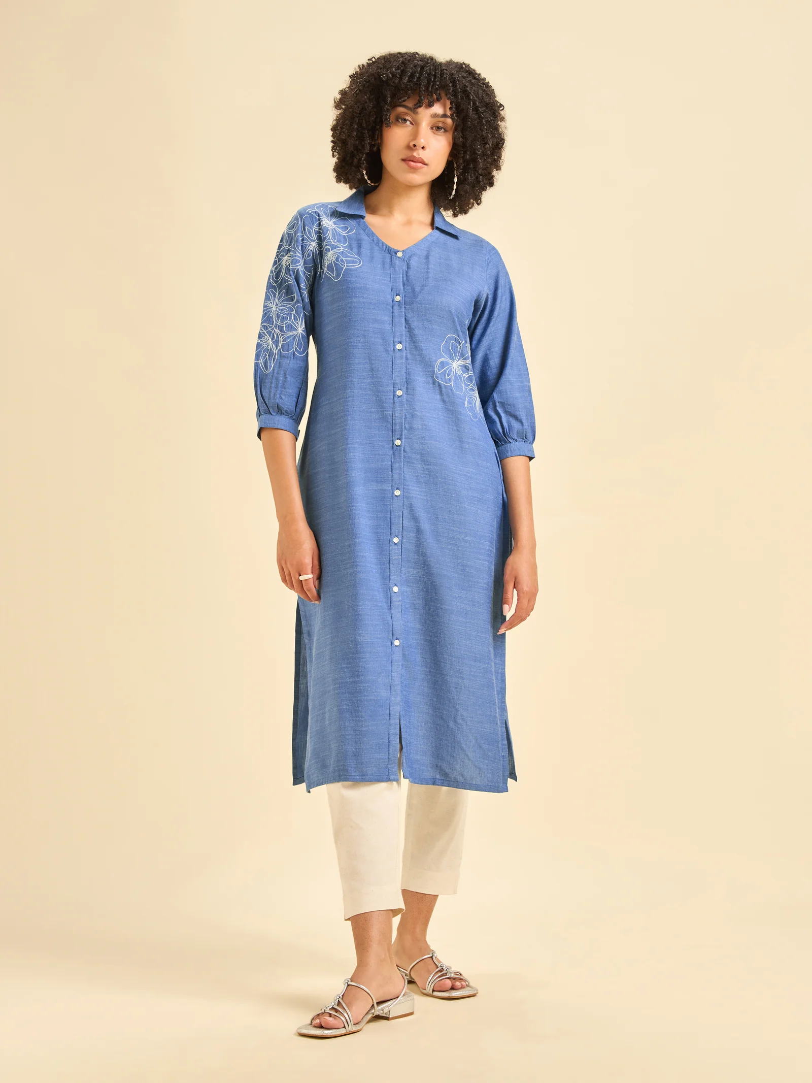 Blue Cotton Viscose Kurti With Embroidery