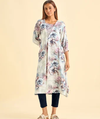 Ivory Modal Satin Printed Flared Kurti