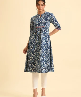 Indigo Blue Pure Cotton Printed Kurti With Embroidery And Sequins Work