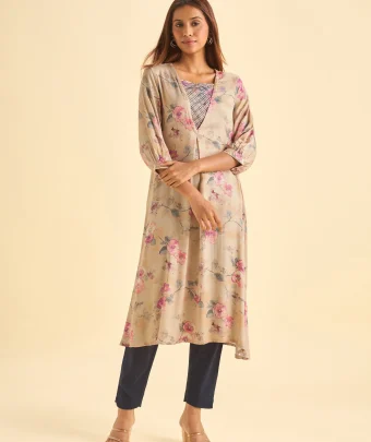 Beige Modal Satin Printed Flared Kurti