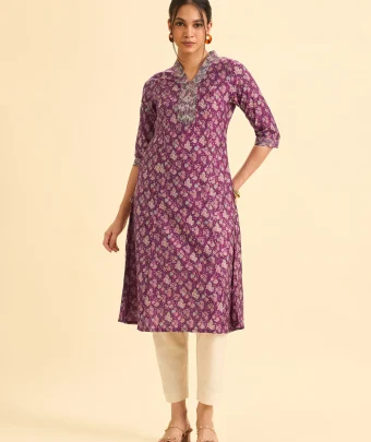 Wine Red Modal Chanderi Printed Flared Princess Cut Kurti With Embroidery