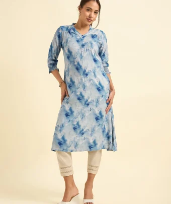 Sky Blue Multicolour Viscose Printed Flared Kurti With Smocking And Knife Pleat