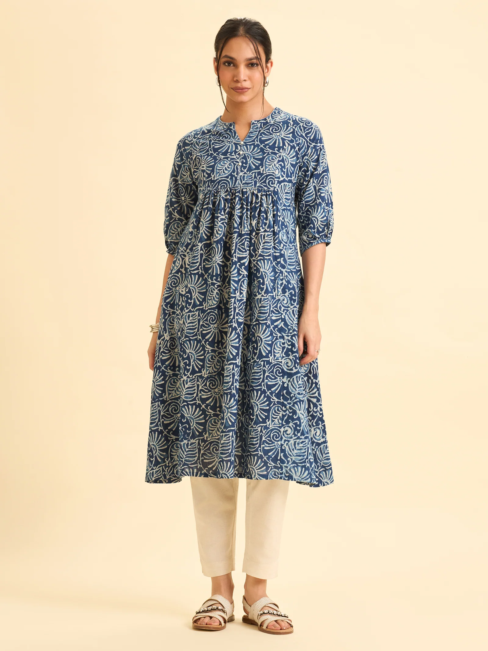Indigo Pure Cotton Printed Flared Kurti With Sequins Work - Image 2