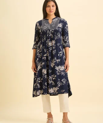 Navy Blue And Ivory Viscose Printed Flared Kurti With Smocking Embroidery