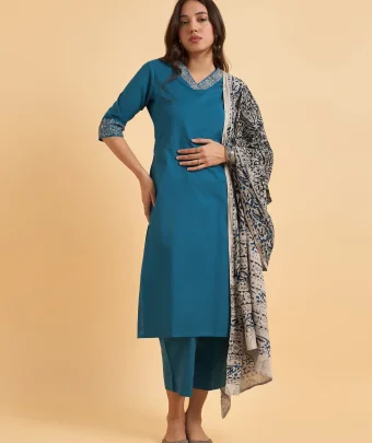 Classic Blue Cotton Flax Plain Kurti Set With Kalamkari Dupatta And Sequence Embroidery