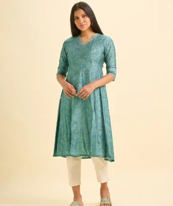 Teal Blue Modal Chanderi Printed Kalicut Kurti With Embroidery And Sequins Work