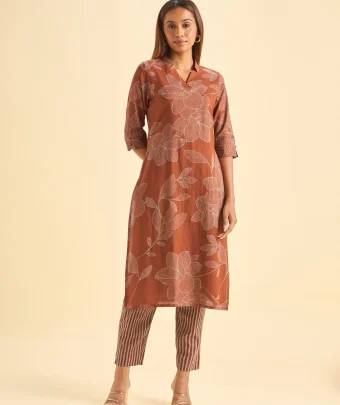 Rust Orange Pure Cotton Slitted Kurti Set With Print
