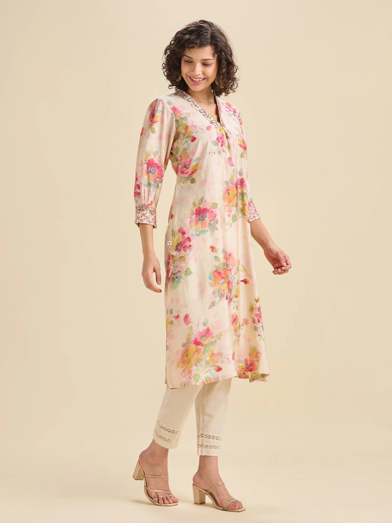 Multi Coloured Modal Chanderi Printed Kurti With Sequins Embroidery - Image 3