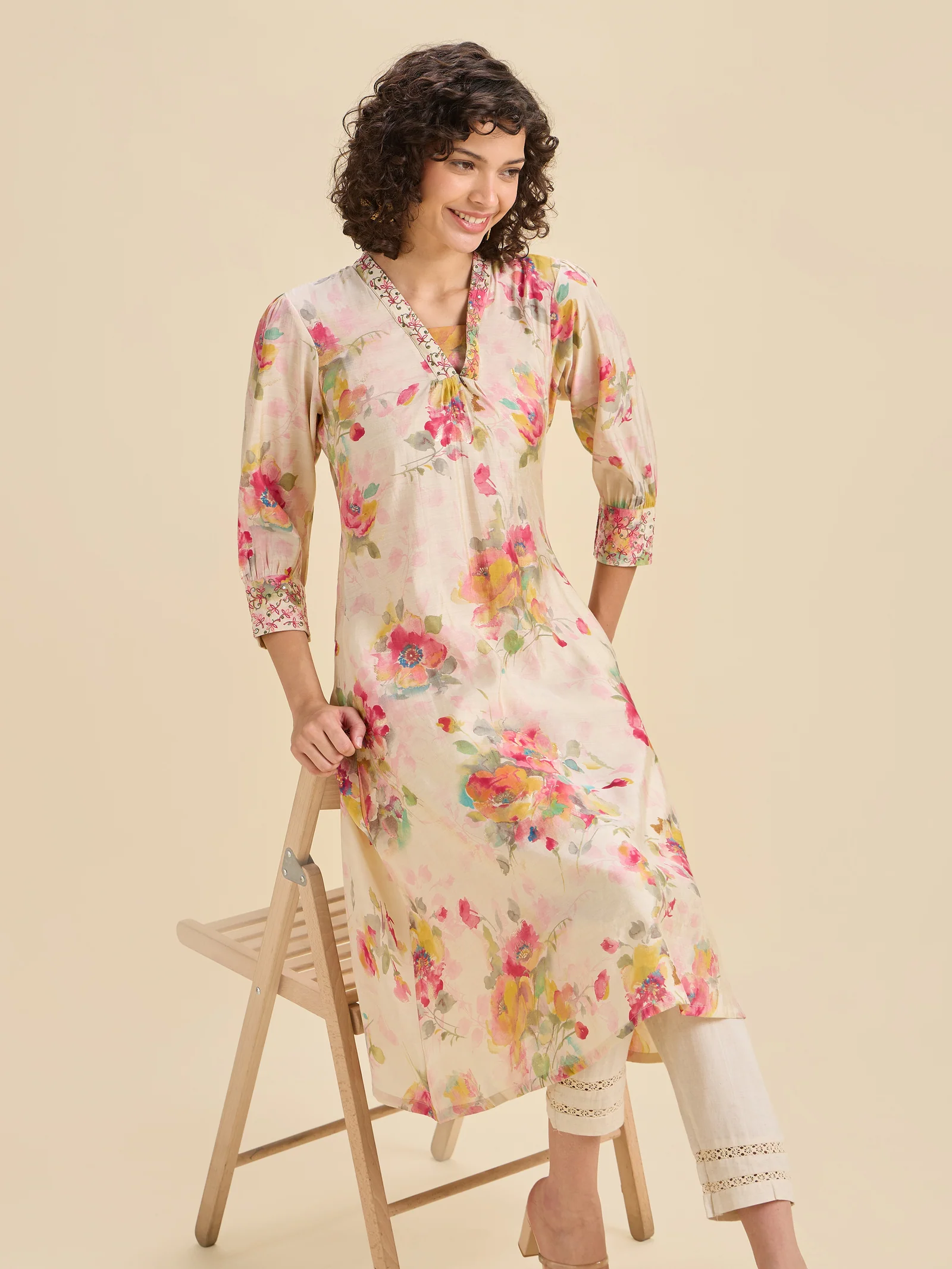 Multi Coloured Modal Chanderi Printed Kurti With Sequins Embroidery - Image 2