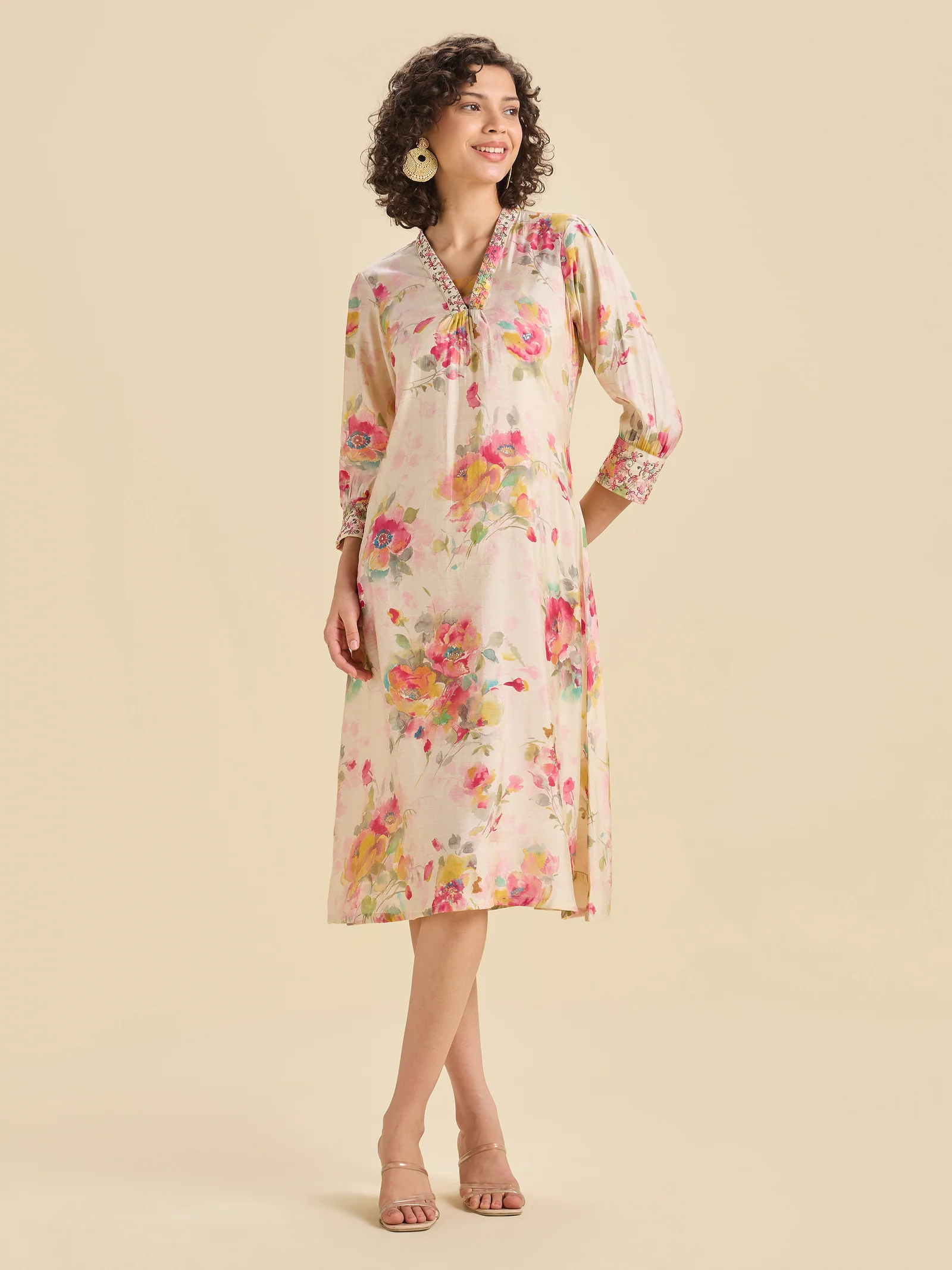 Multi Coloured Modal Chanderi Printed Kurti With Sequins Embroidery