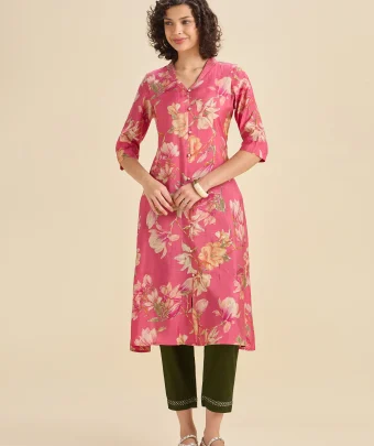 Pink Modal Chanderi Flared Printed Kurti Set With Embroidery