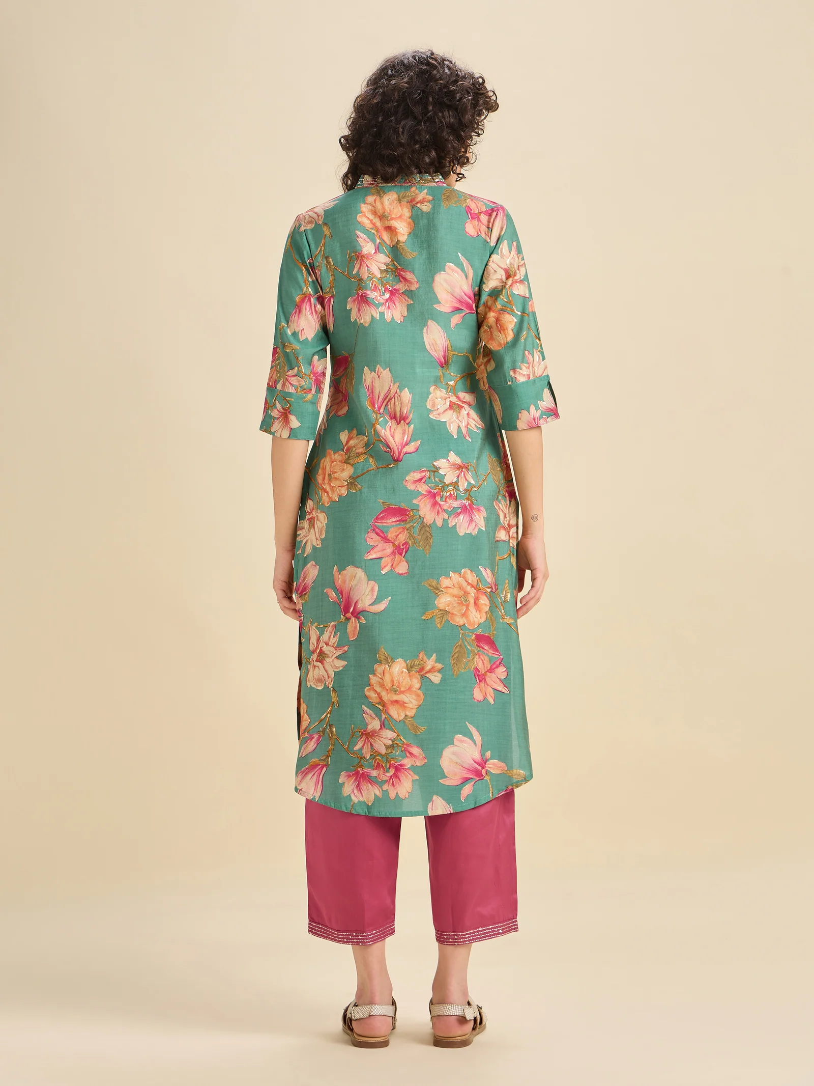 Aqua Blue Modal Chanderi Slitted Printed Kurti Set With Embroidery And Liberty Cut - Image 4