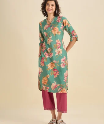 Aqua Blue Modal Chanderi Slitted Printed Kurti Set With Embroidery And Liberty Cut