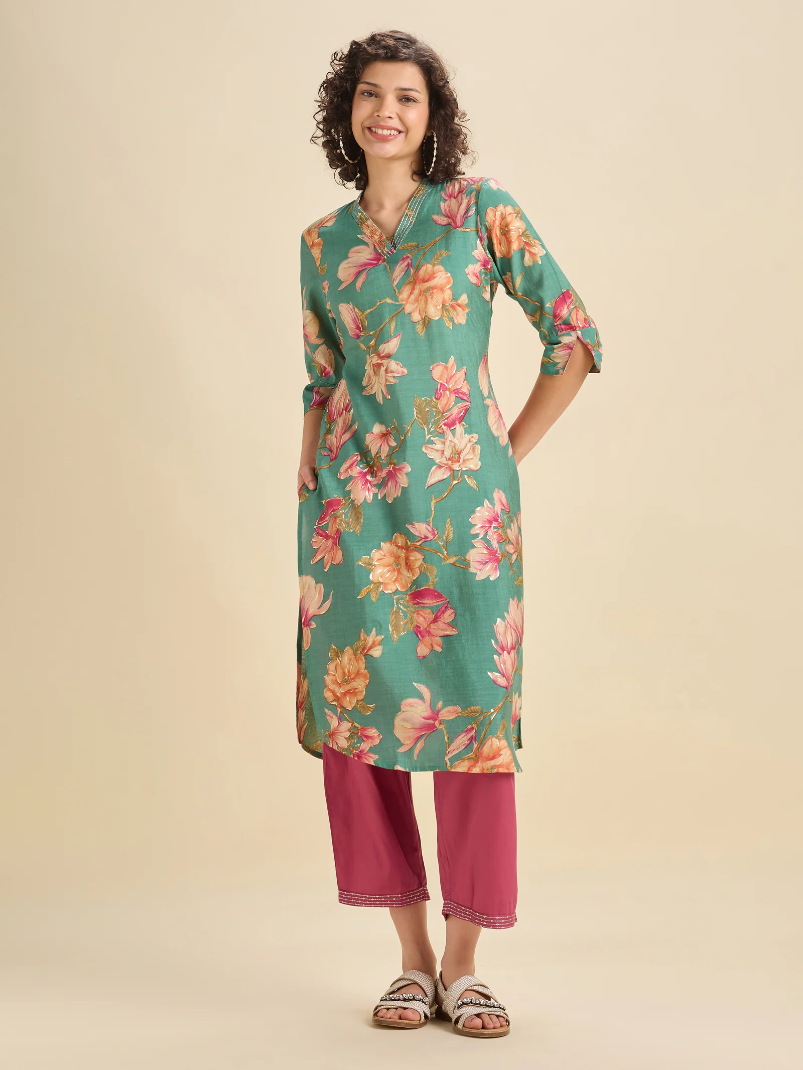Aqua Blue Modal Chanderi Slitted Printed Kurti Set With Embroidery And Liberty Cut