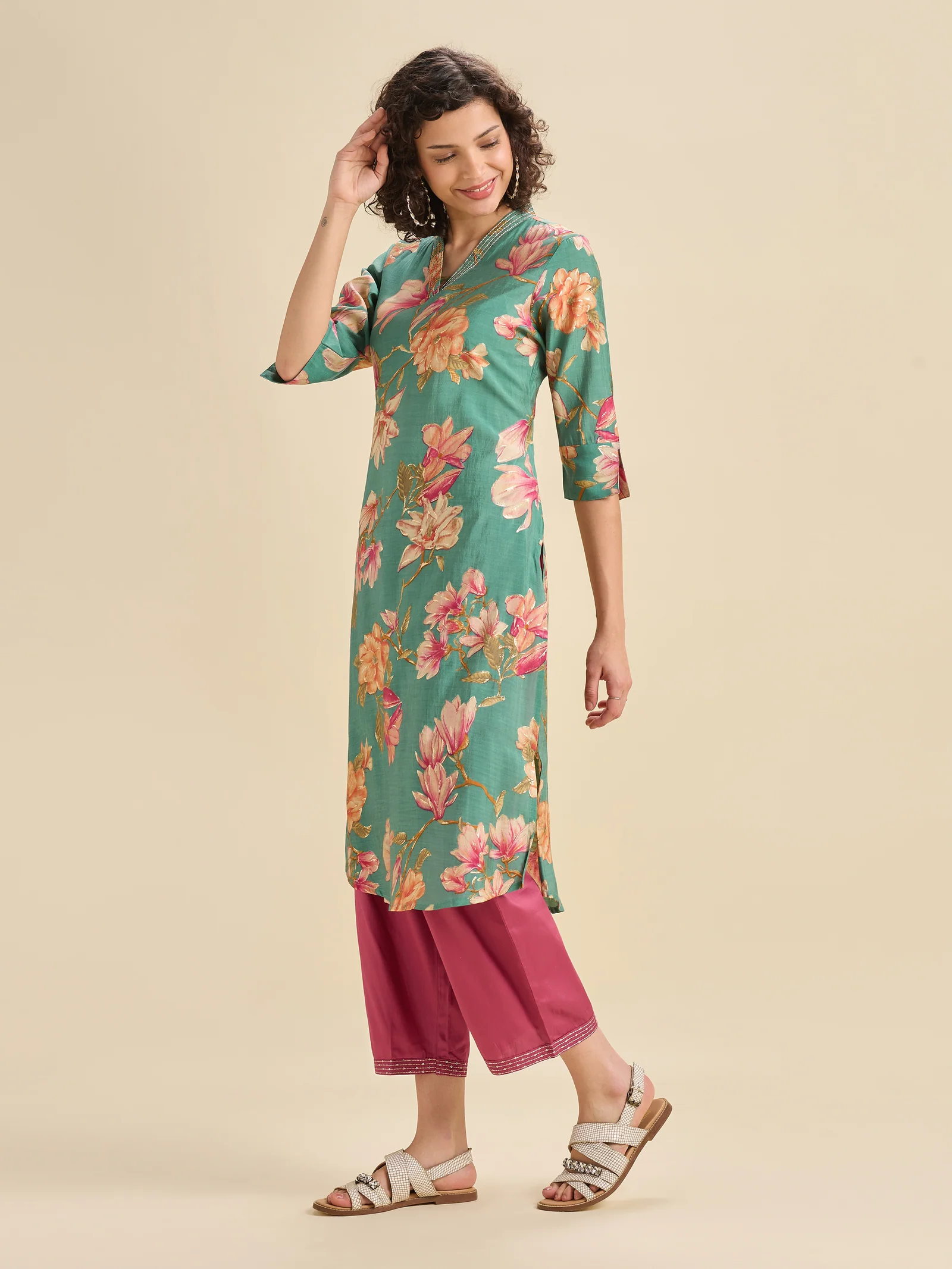 Aqua Blue Modal Chanderi Slitted Printed Kurti Set With Embroidery And Liberty Cut - Image 3