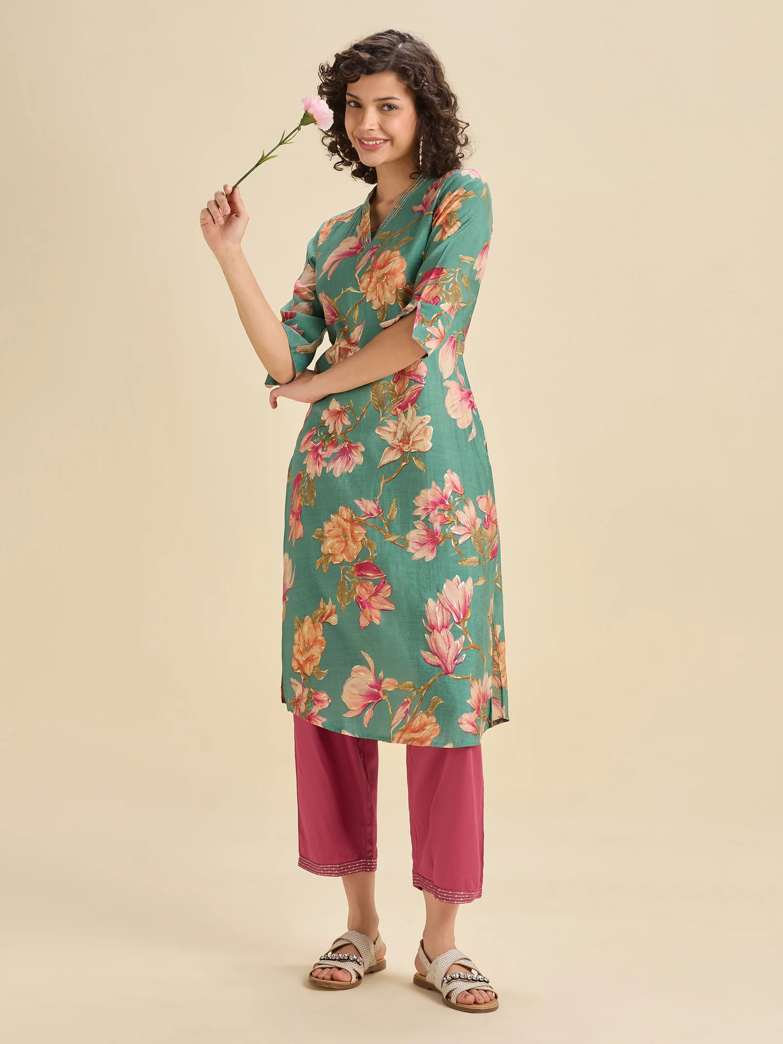 Aqua Blue Modal Chanderi Slitted Printed Kurti Set With Embroidery And Liberty Cut - Image 2